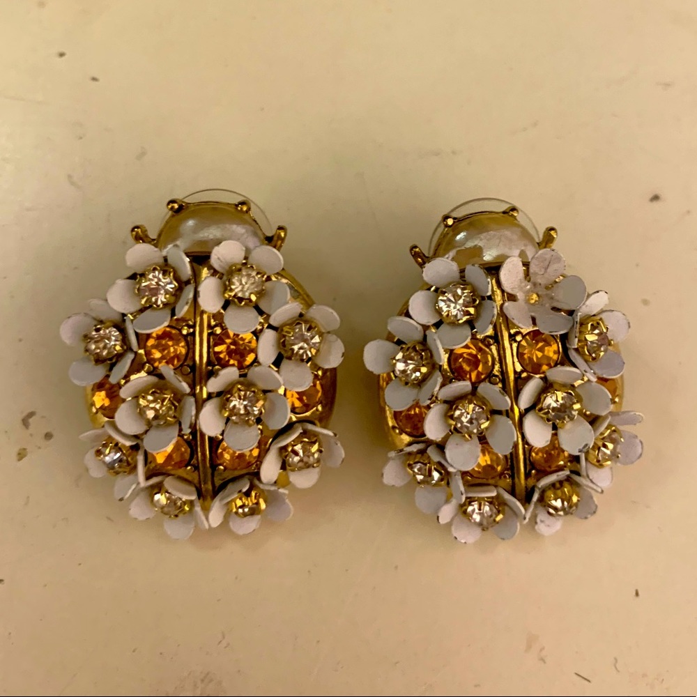 Betsey Johnson white flower ladybug earrings studs